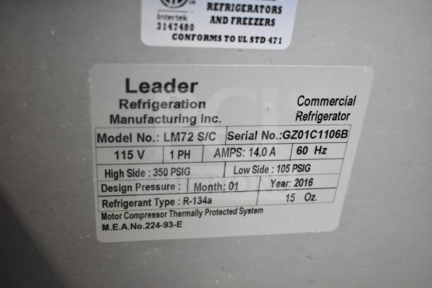 2016 Leader LM72 S/C sandwich prep table label, 115V, 1-phase, R-134a refrigerant, serial GZ01C1106B, 350/105 PSIG.