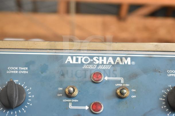 Alto Shaam 1000-TH/I oven controls showing dials, switches and Alto-Shaam logo with "Halo Heat" text.