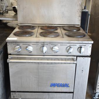 Imperial IR-6-E commercial 6 burner electric hot plate range with oven, and back splash; model IR-6-E, 208V, 3 phase.