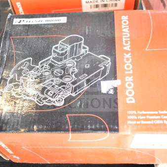 Three brand new scratch and dent items: door lock actuator, brake pad, ignition coils spark plugs kit. Box shows actuator diagram.