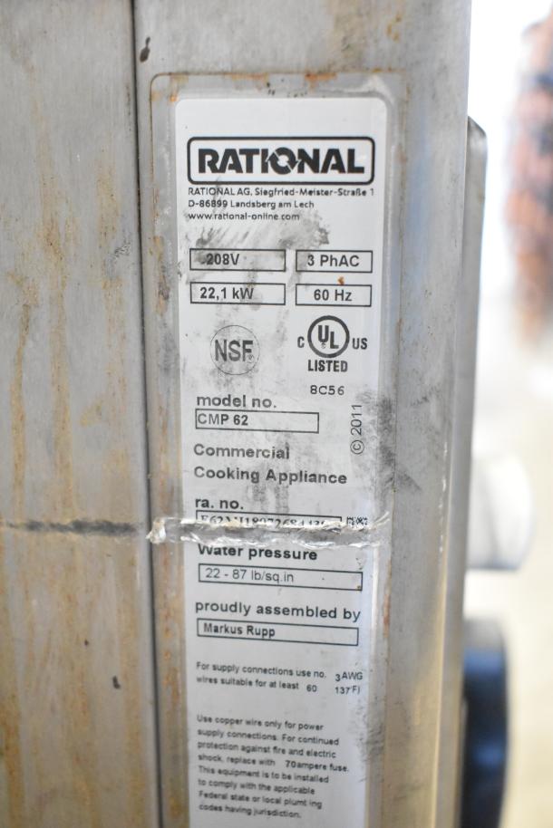 Rational CMP62 CombiMaster Plus oven label showing model details, 208V, 3 Phase, NSF certified, UL listed, assembled by Markus Rupp.