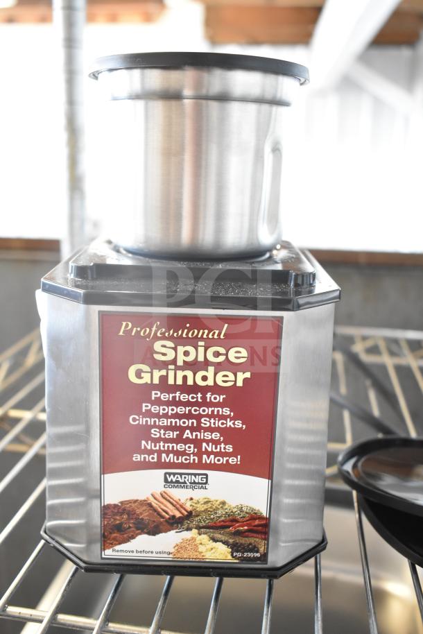 Stainless steel Waring Commercial spice grinder, 115 volts, 1 phase. Suitable for peppercorns, cinnamon, nuts, and more.
