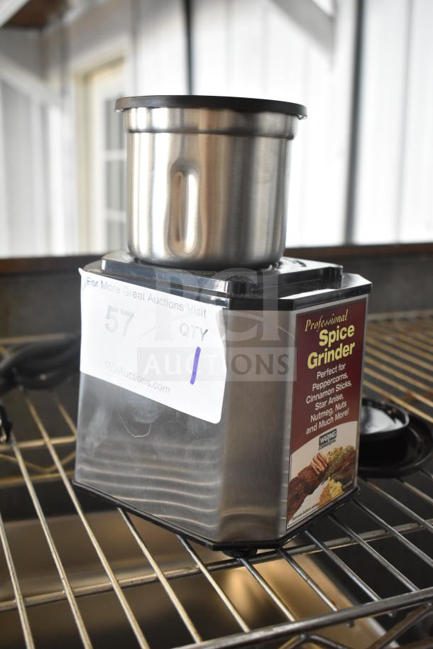 Stainless steel spice grinder, 115 volts, 1 phase, professional use, labeled for grinding spices like peppercorns and nutmeg.