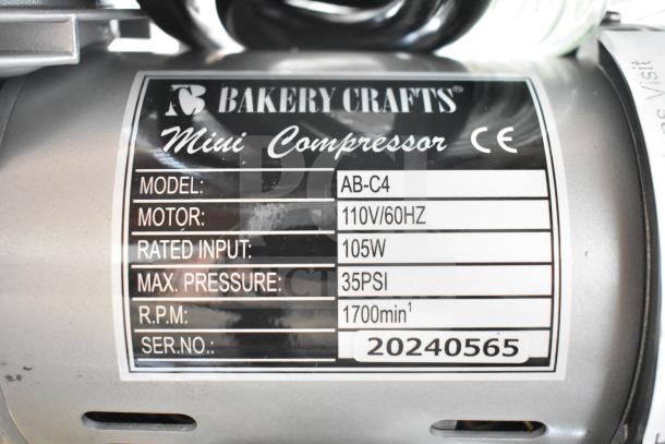 Bakery Crafts AB-C4 Mini Compressor Motor, 110V/60Hz, 105W, max pressure 35 PSI, RPM 1700, Serial No. 20240565.