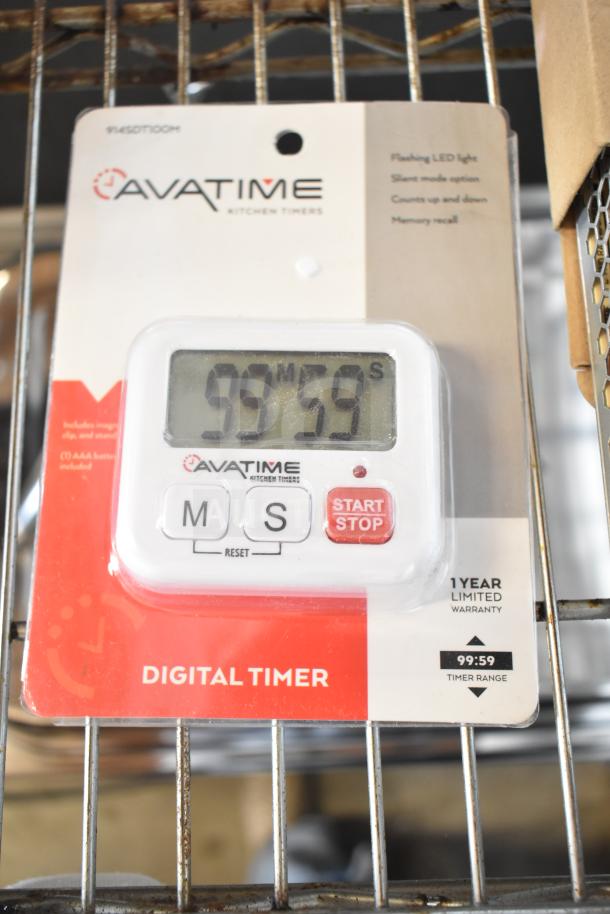 AvaTime digital timer on packaging with 99:59 display, buttons for start/stop, and memory recall. 1-year warranty.