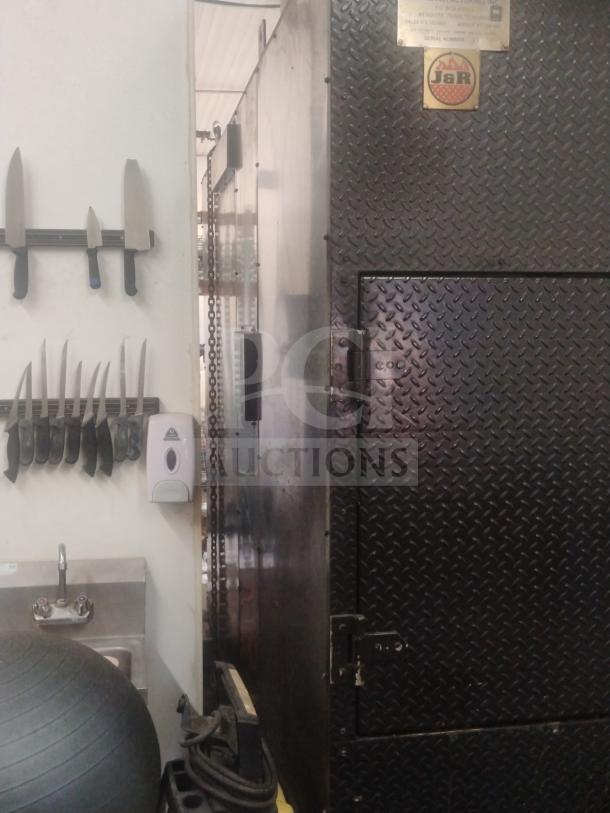 J&R Manufacturing Oyler 1300E smoker, black, diamond plate design, electric and wood/charcoal fired, 208/230V, 1 phase.