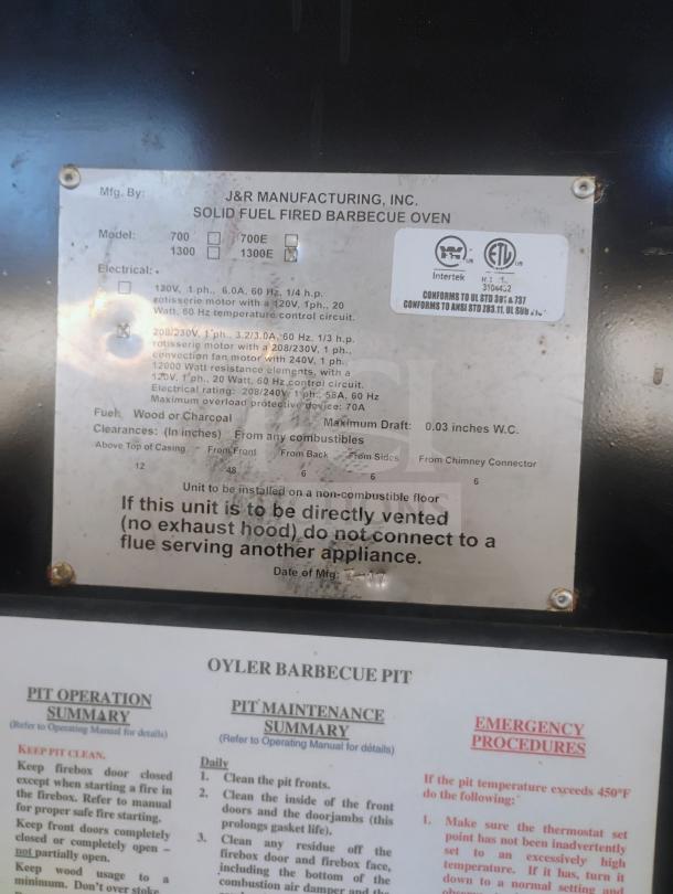 J&R Manufacturing Oyler 1300E smoker label detailing model 1300E, electric specs, wood/charcoal fuel, and maintenance instructions.
