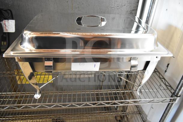 New Choice chafer with hinged cover, brand new condition, visible scratch and dent, placed on metal shelf.