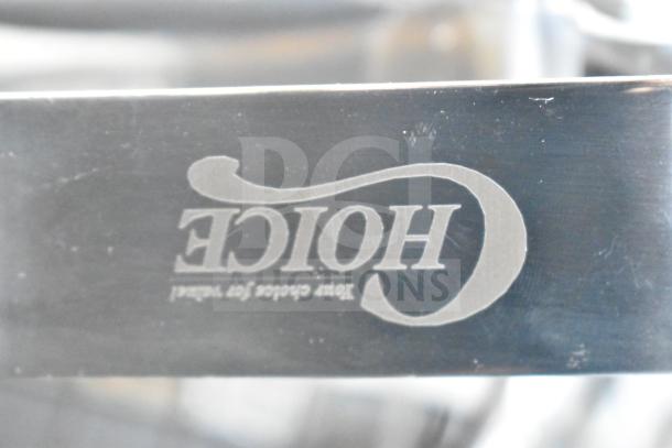 "Choice" branding on stainless steel surface of chafer, new condition, minor scratches visible.