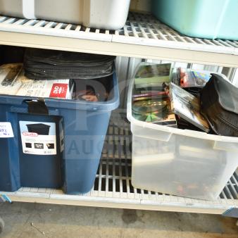Two bins with various items, including an LG DVD player and assorted DVDs. Bins show light wear, labeled "Sterilite."