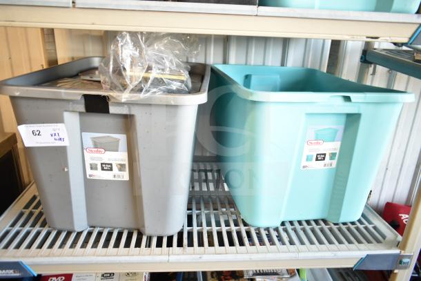 Two bins with various items, including DVDs, on a shelf. One bin is gray, the other teal. Labels indicate "Sterilite 18 Gal".