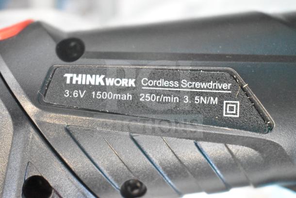 "THINKwork cordless screwdriver, 3.6V, 1500mAh, 250rpm, 3.5Nm, part of 12-item auction lot."