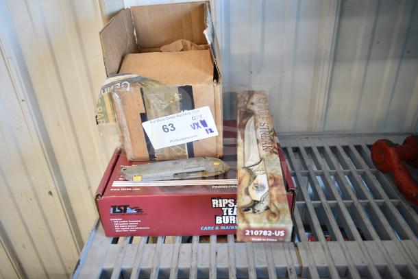 Lot of 12 items includes USA Wolf Streak Knife, cordless screwdriver, hitch, electrical tape; labels show auction number 63.