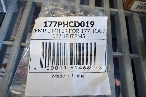 Bag labeled "177PHCD019 TEMP LIMITER FOR 177HEAT/177HP ITEMS," with barcode and "Made in China" text. Part of mixed item lot.