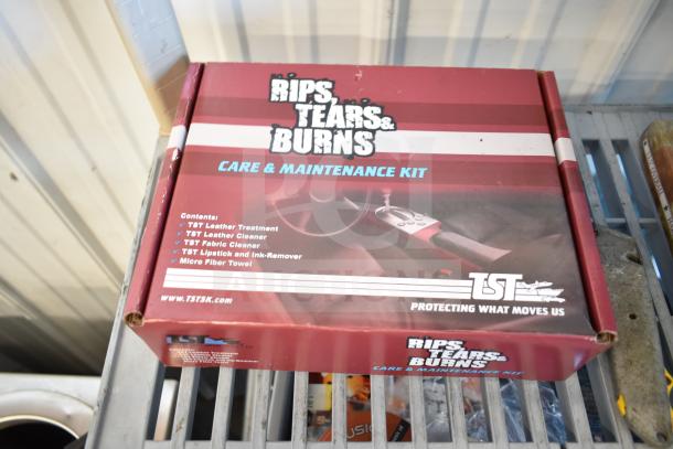 Lot of 12 items including TST Care Kit, USA Wolf Streak knife, cordless screwdriver, hitch, electrical tape. Box shows TST leather care contents.