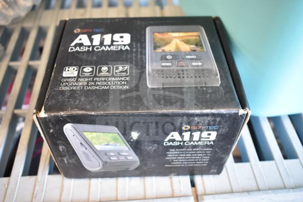 A119 Dash Camera in box, features 2K resolution, HD 1080p, night performance, discreet design. Box shows slight wear.