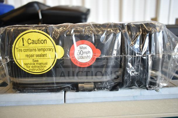 SentrySafe cash box and flat tire repair kit with sealant warnings; new condition.