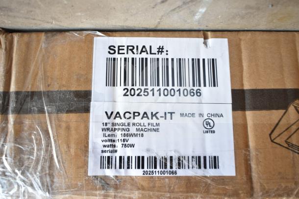 BRAND NEW SCRATCH AND DENT VacPak-It 186WM18 18" roll wrapping machine; 115V, 750W; box label with serial number 202511001066.