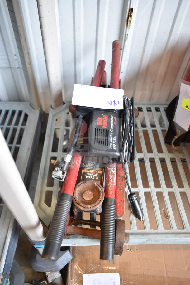 Max Power Tire Inflator Compressor, 200 PSI, with 2-ton jack. Slight wear, functional condition. 2 items, auction lot.