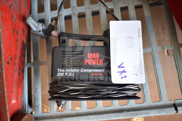 Max Power Tire Inflator Compressor, 200 PSI, with attached wiring. Label for auction lot visible.