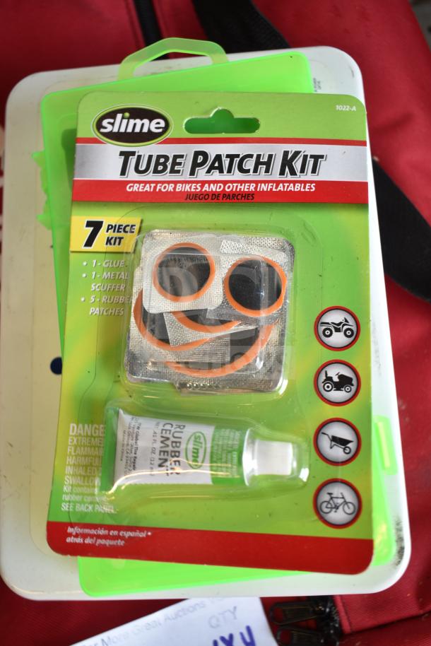 Slime Tube Patch Kit, 7-piece set for bikes and inflatables, includes glue, metal scuffer, and rubber patches, in original packaging.