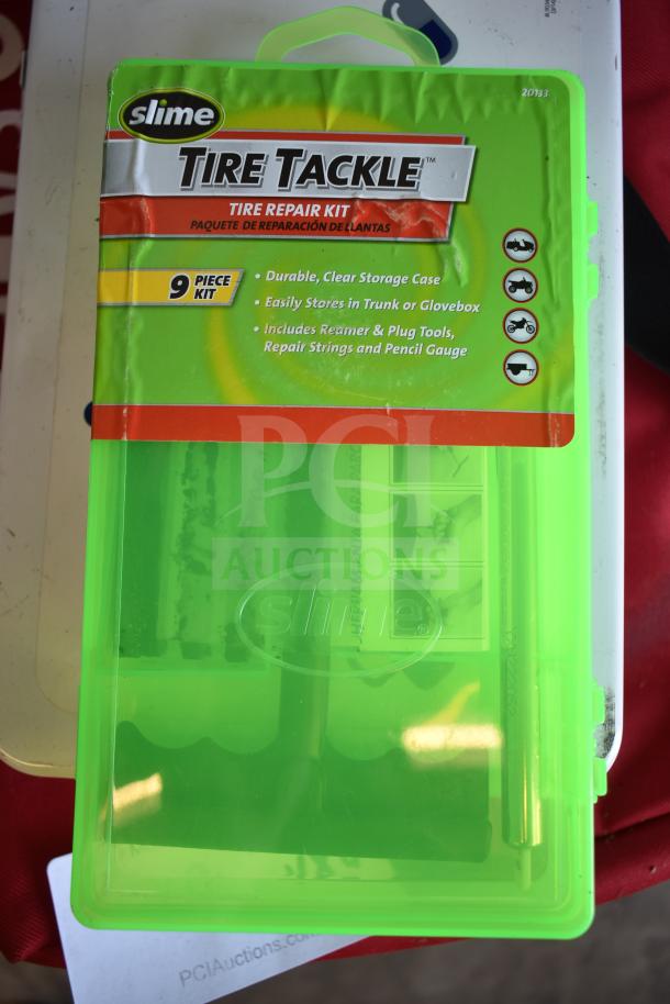 Slime Tire Tackle Repair Kit in durable green case, includes 9 pieces: reamer, plug tools, repair strings, pencil gauge.