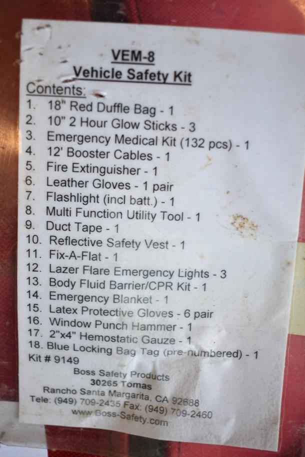 Label detailing contents of VEM-8 Vehicle Safety Kit by Boss Safety Products, includes items like glow sticks, medical kit, and fire extinguisher.