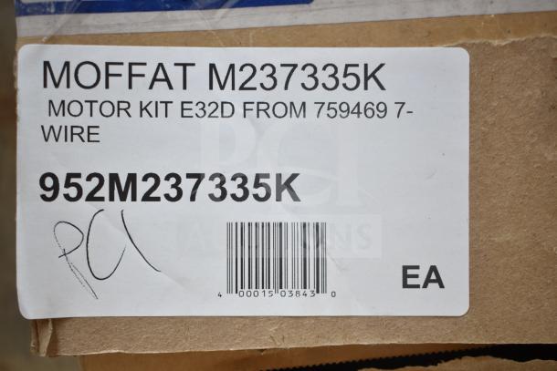 Brand new Moffat M237335K fan motor, model 952M237335K. Scratch and dent condition. Label with barcode and model info visible.