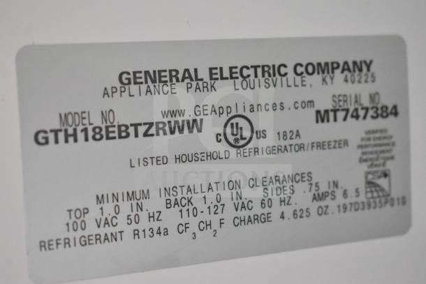 Label of General Electric Reach-In Cooler with Freezer, Model GTH18EBTZRWW, 115 Volts, 1 Phase. Serial MT747384.