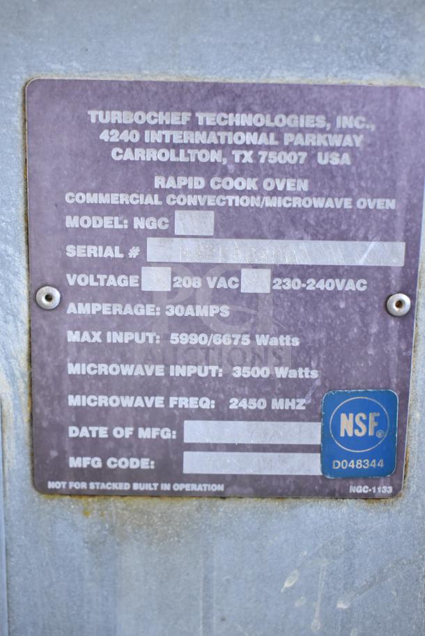 Turbochef NGC Rapid Cook Oven on stand; 208/230-240V, 1 phase; model and specs detailed on label; NSF certified.