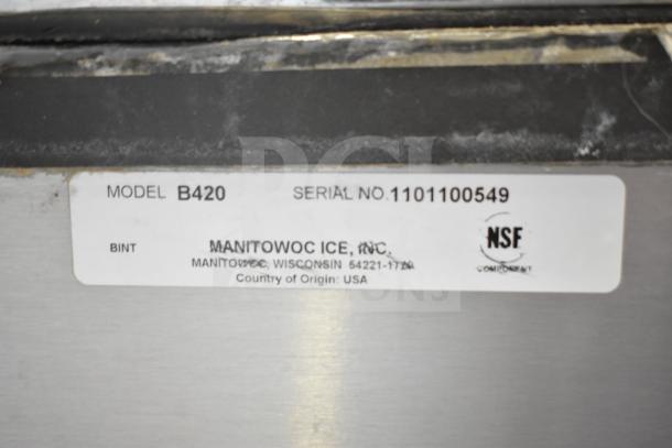 Manitowoc B420 Ice Bin label, showing model, serial number 1101100549, and NSF certification. Used with Hoshizaki Ice Head.