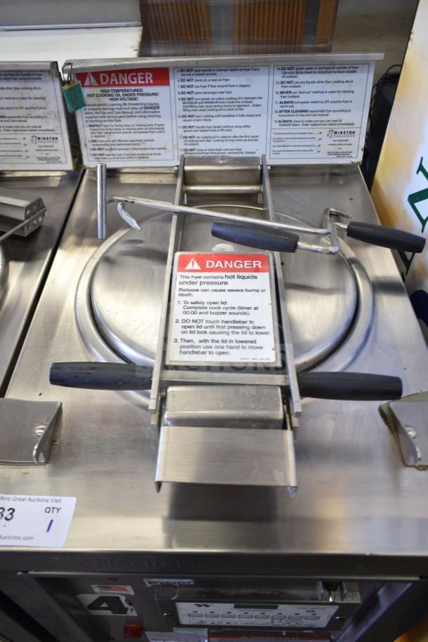 2021 Winston PF56C11SJ commercial electric pressure fryer, 208V, 1 Phase, stainless steel, safety warnings visible.