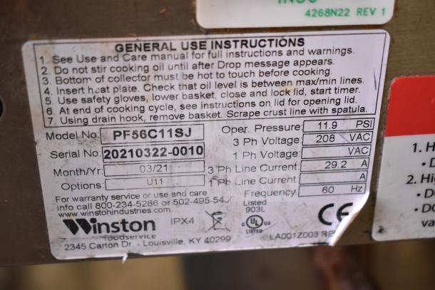 2021 Winston PF56C11SJ Electric Fryer label showing model, serial number, voltage, pressure, and safety instructions.
