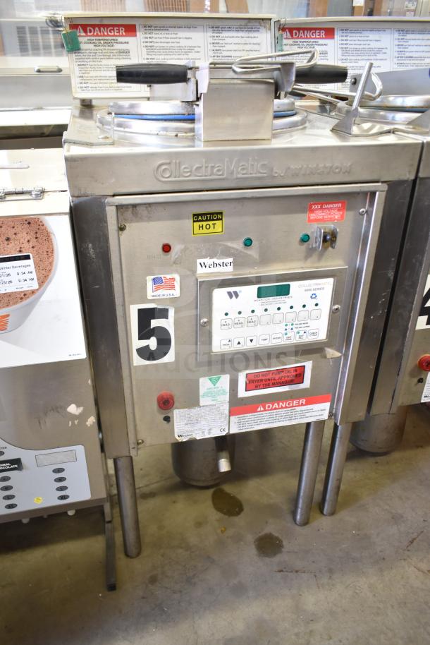2021 Winston CollectraMatic PF56C11SJ electric pressure fryer, 208V, 1 phase, labels indicating caution and operation instructions visible.