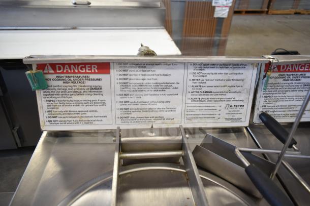 2021 Winston CollectraMatic PF56C11SJ electric pressure fryer, 208V, 1-phase, includes safety and usage labels.
