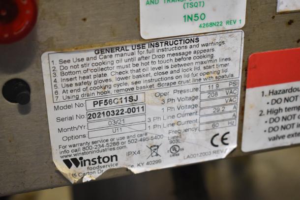 2021 Winston CollectraMatic PF56C11SJ fryer label; shows model, serial number, voltage, and safety instructions.