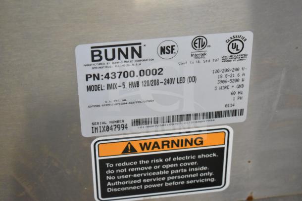 Bunn IMIX-5 countertop cappuccino machine label showing model, voltage, and safety warnings.