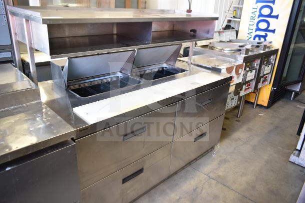 Delfield UCD4464N-12-DD5 commercial prep table with 4 drawers, stainless steel, bain marie top, 115V, excellent condition.