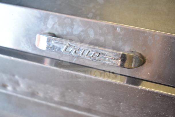 True TPP-93D-6 Commercial Pizza Prep Table drawer handle with True branding, stainless steel finish.