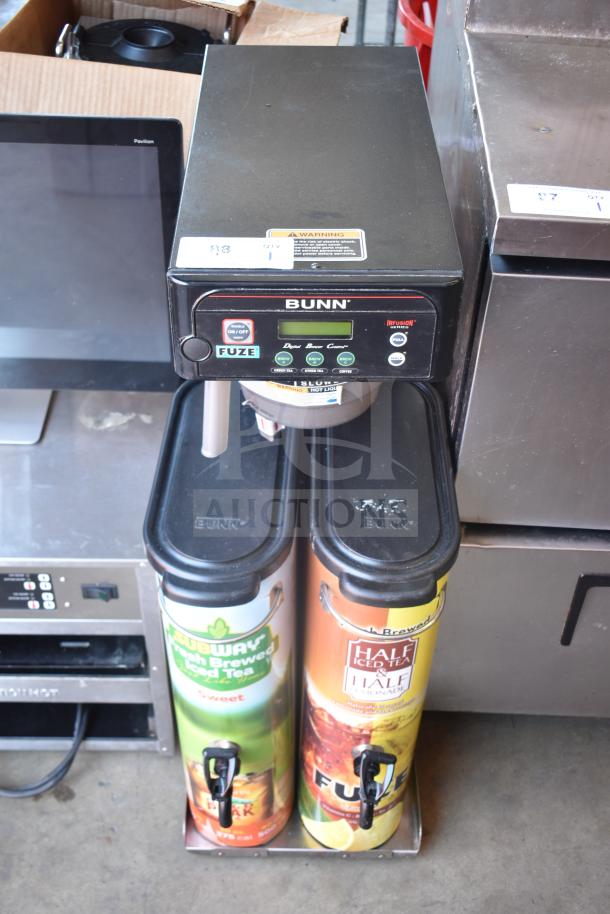Bunn commercial iced tea machine with two beverage dispensers, 120V, 1 phase, includes control panel and labels for flavors.