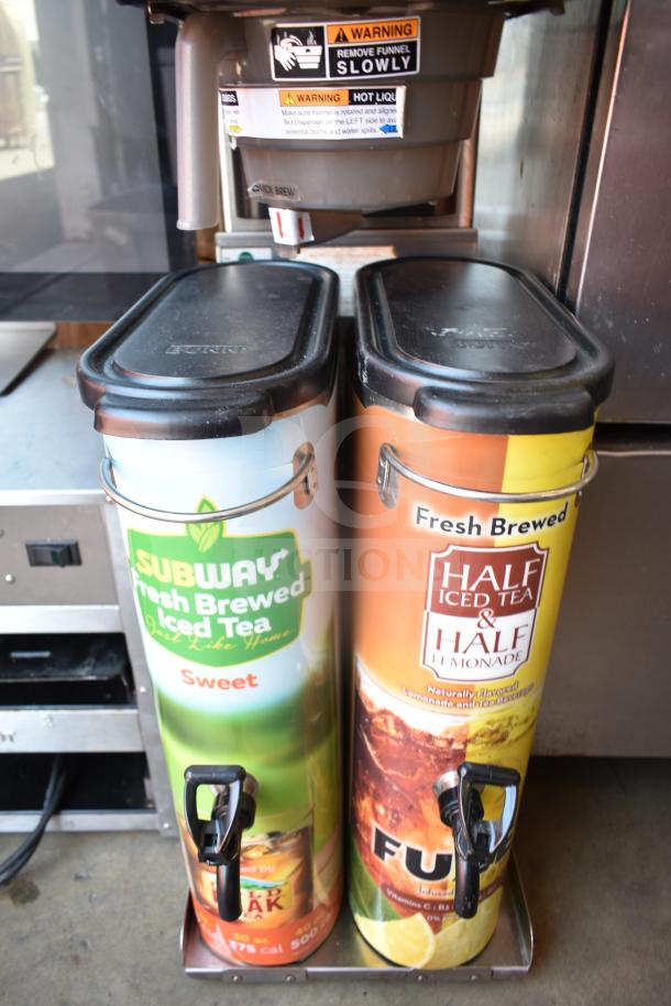 Bunn Commercial Iced Tea Machine with two beverage dispensers. Features 120 volts, 1 phase. Includes safety warning labels.