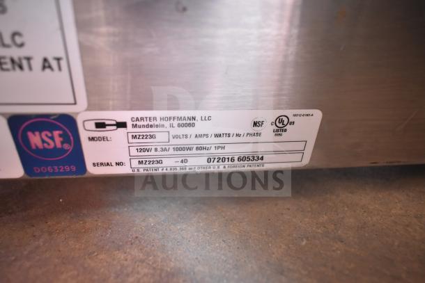 Carter Hoffmann MZ223G Commercial Heated Holding Cabinet label showing 120V, 1000W spec, NSF and UL certification.