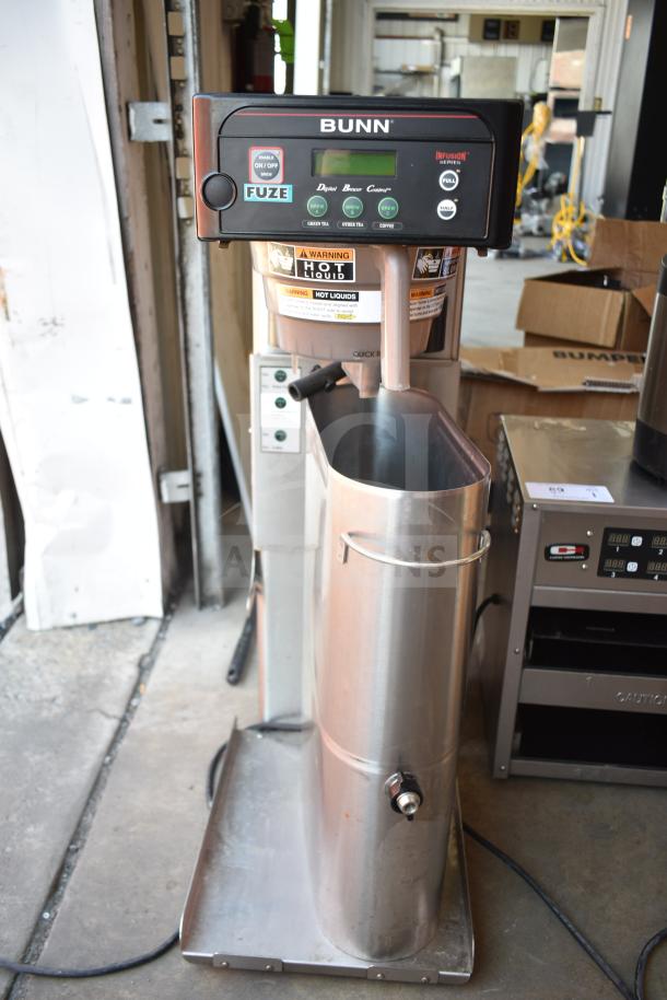 Bunn Commercial Iced Tea Machine with beverage holder, 120V, 1 phase. Features digital controls, warning labels, and sturdy build.