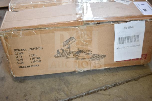 Brand new IWHS-201 Hip Squat Machine in damaged box. Item labeled as scratch and dent. Made in China, weight details visible.