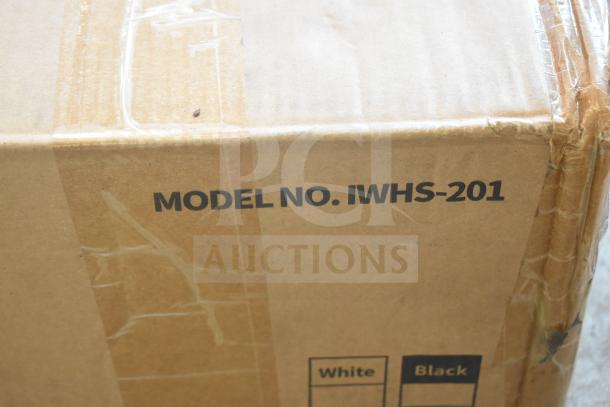 Box labeled "Model No. IWHS-201" for BRAND NEW SCRATCH AND DENT! Hip Squat Machine. Slight packaging wear visible.
