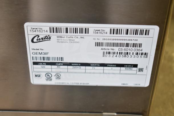 Curtis GEM3IF 1.5 Gallon Satellite Coffee Server with IntelliFresh, serial number 15416214, featuring a capacity of 120 volts and 71 watts.