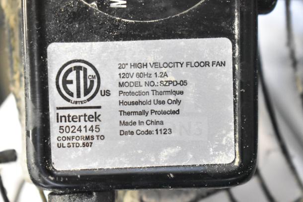 "Home Air SZPD-05 Fan label. 120V, 1 Phase. Model: SZPD-05. High velocity, thermally protected, for household use."