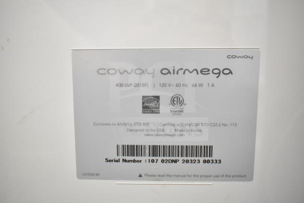 Coway Airmega Air Purifier label, model 400 (AP-2015F), 120V, 1 Phase, Energy Star certified, serial number 10702DNP2032300333.
