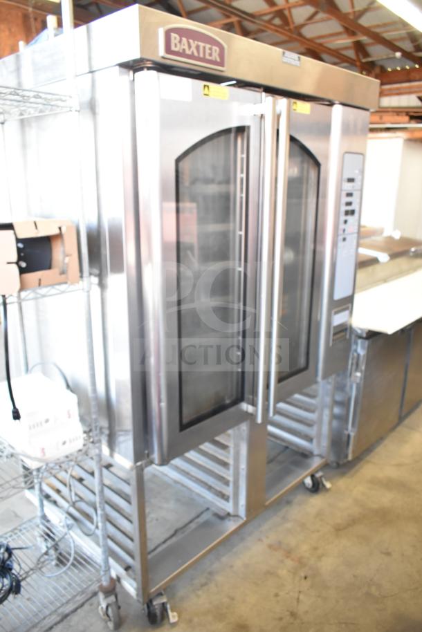 Baxter commercial gas rotating rack oven, double pan rack, stainless steel, on commercial casters, excellent condition.