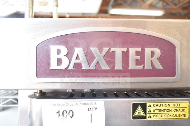 Baxter Commercial Gas Mini Rotating Rack Oven, features double pan rack, commercial casters. Branded label and hot warning visible.